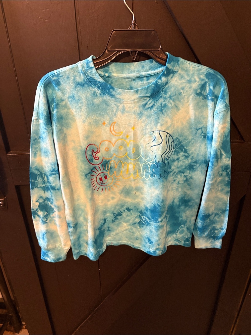 Blue Tie-Dye Kids Long-Sleeve Top with 'Good Vibes' Graphic